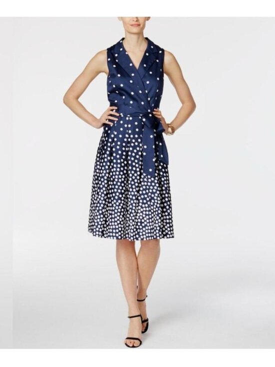 Anne Klein Dresses & Skirts - Anne Klein Navy Blue Polka Dot Faux Wrap Dress 6
